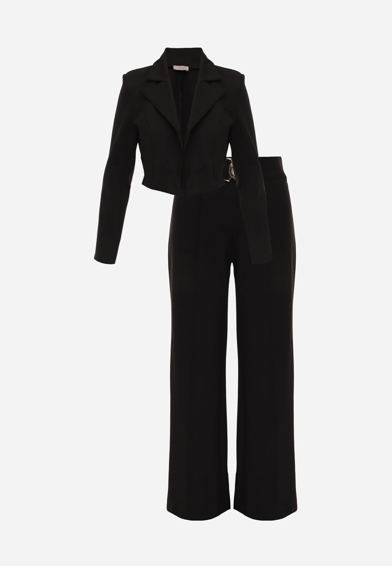 vices Compleu de costum din viscoză sacou crop și pantaloni largi cu cataramă Soncetta Negru
