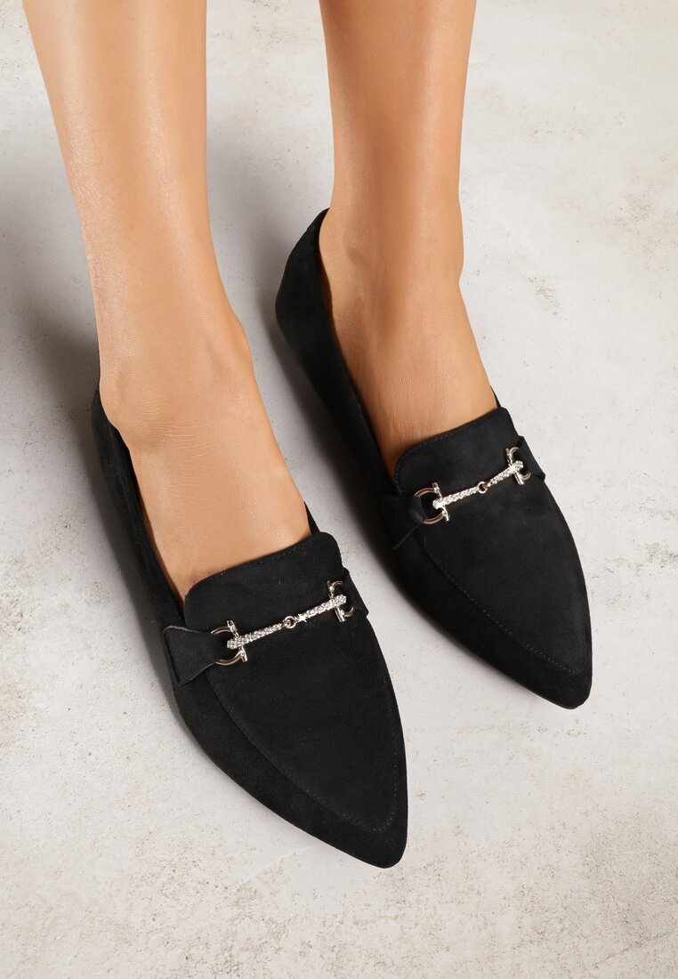 vices Mocasini negri cu vârf ascuțit decorate cu aplicație Rilosia