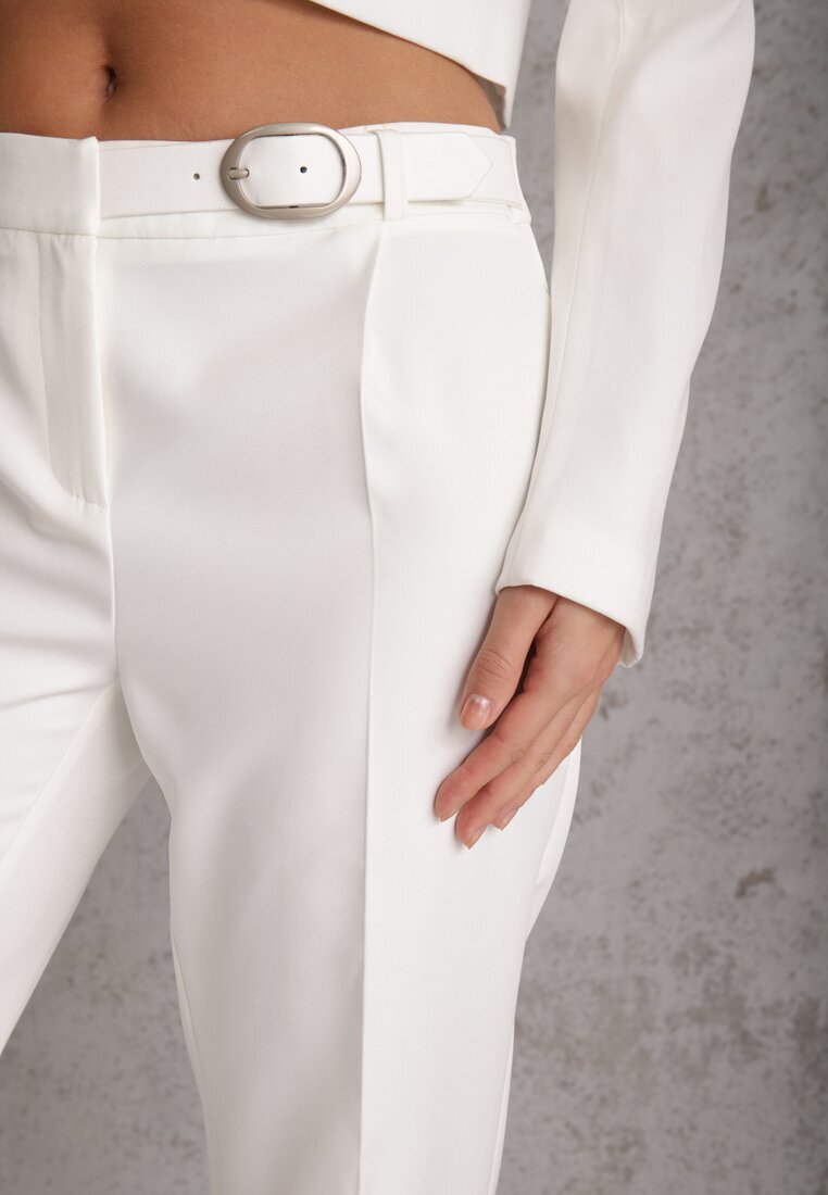 vices Pantaloni albi eleganți cu dungă decorați cu închidere cu cataramă Azisore