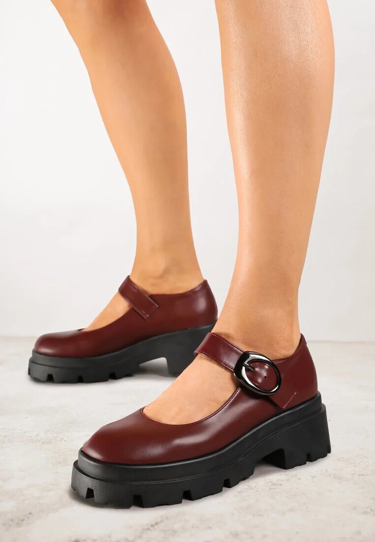 vices Pantofi Bordeaux pe Platformă în Stil Mary Jane Decorați cu Cataramă Metalică Zinida