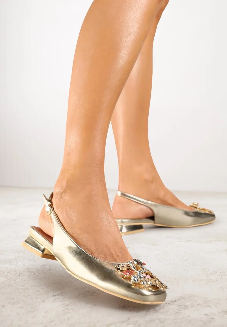 vices Pantofi cu toc aurii Slingback cu Cirkonii și Branț din Piele Eklina