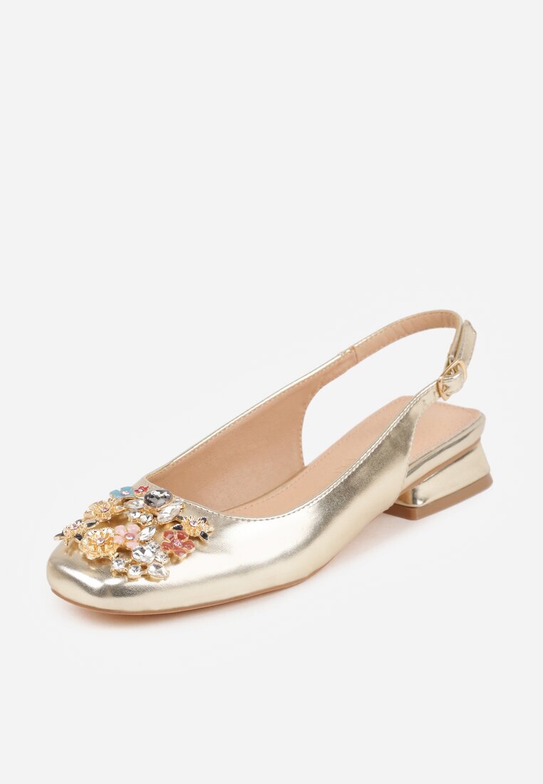 vices Pantofi cu toc aurii Slingback cu Cirkonii și Branț din Piele Eklina