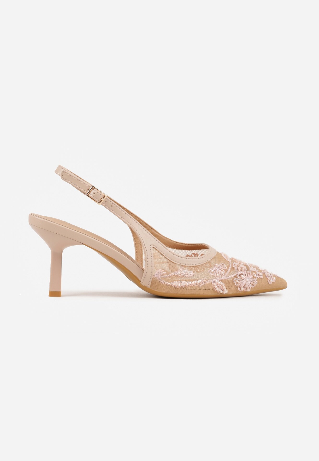 vices Pantofi cu toc Bej Slingback din plasă pe toc pisoi cu broderie și mărgele Vilin