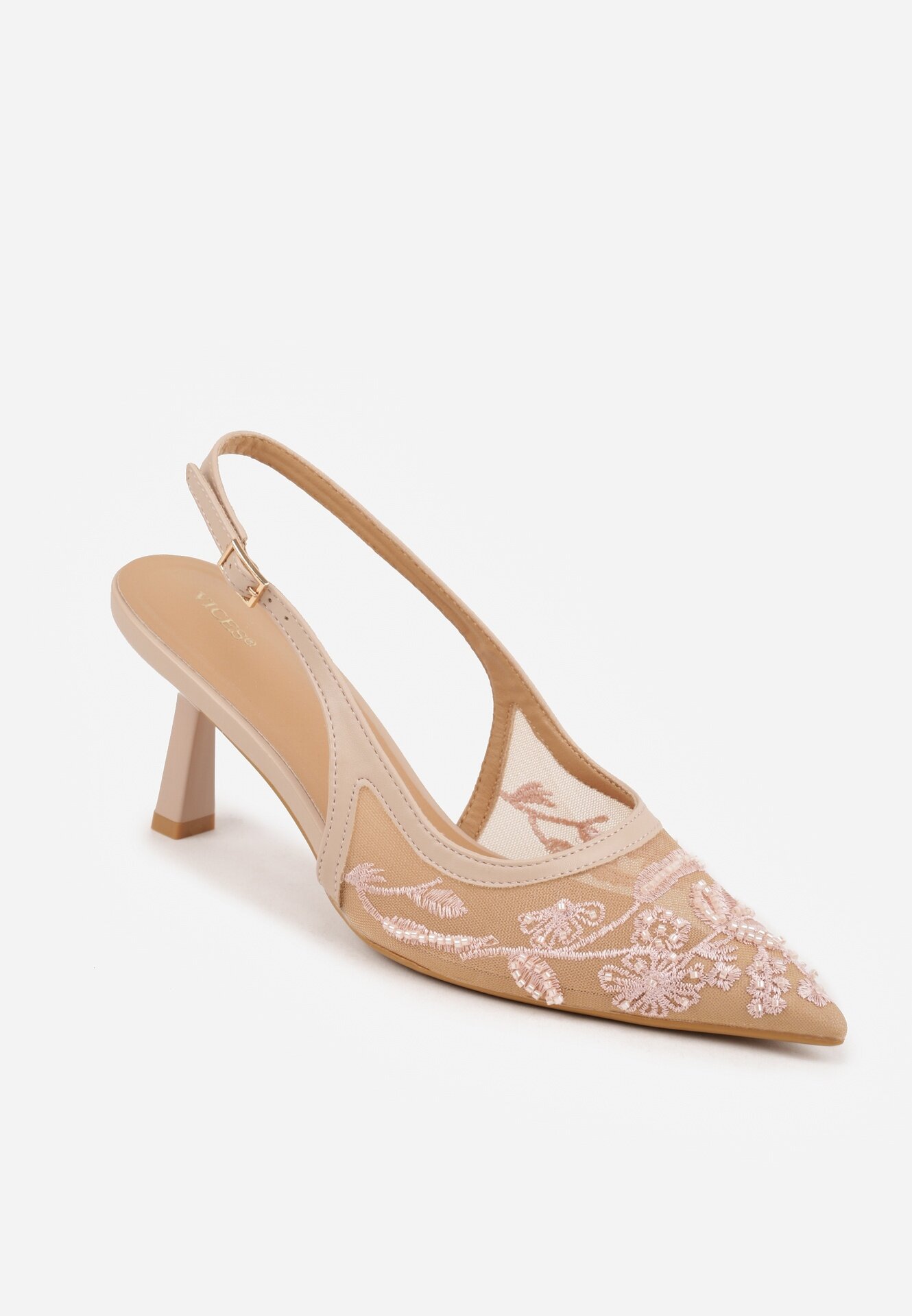 vices Pantofi cu toc Bej Slingback din plasă pe toc pisoi cu broderie și mărgele Vilin