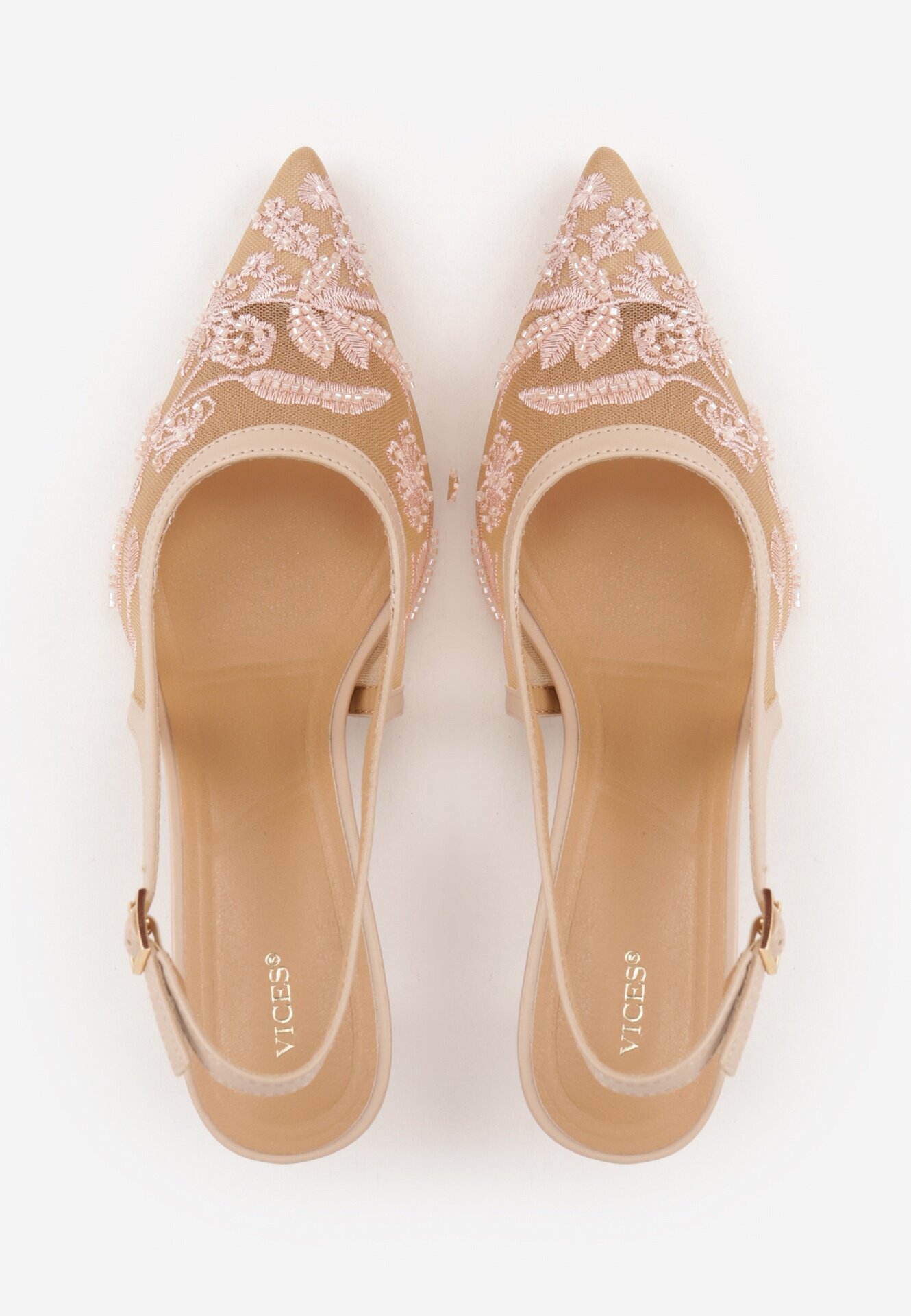 vices Pantofi cu toc Bej Slingback din plasă pe toc pisoi cu broderie și mărgele Vilin