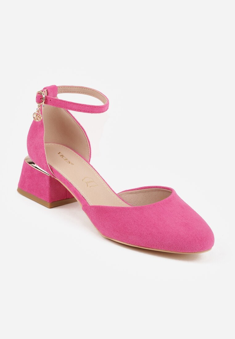 vices Pantofi cu toc Fucsia cu toc bloc cu branț din piele naturală și cu ornament metalic Velori