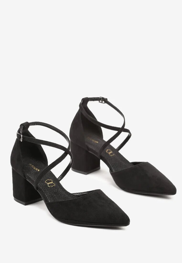 vices Pantofi cu toc înalt negri cu toc bloc cu branț din piele naturală și curele decorative Lizzetta