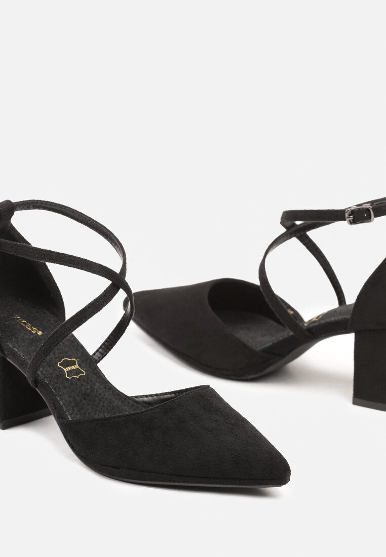 vices Pantofi cu toc înalt negri cu toc bloc cu branț din piele naturală și curele decorative Lizzetta