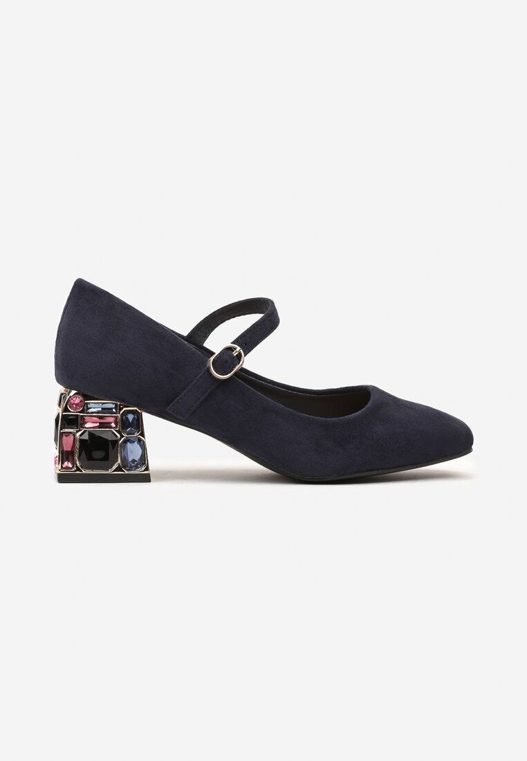 vices Pantofi eleganți bleumarin cu toc cu decor tip bijuterie cu cataramă și branț din piele Aletan