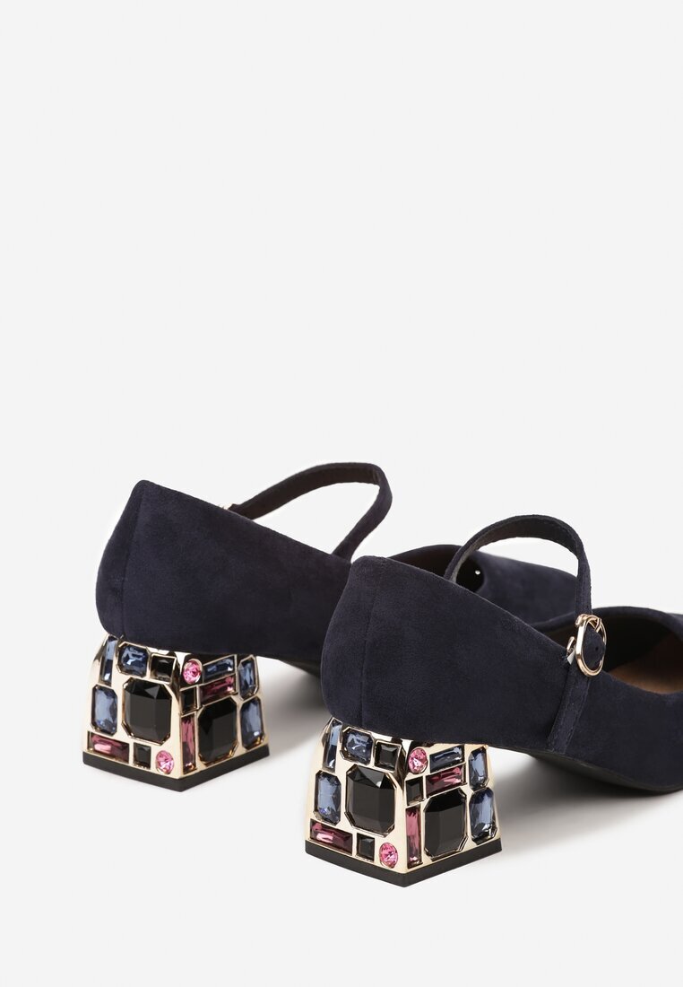 vices Pantofi eleganți bleumarin cu toc cu decor tip bijuterie cu cataramă și branț din piele Aletan
