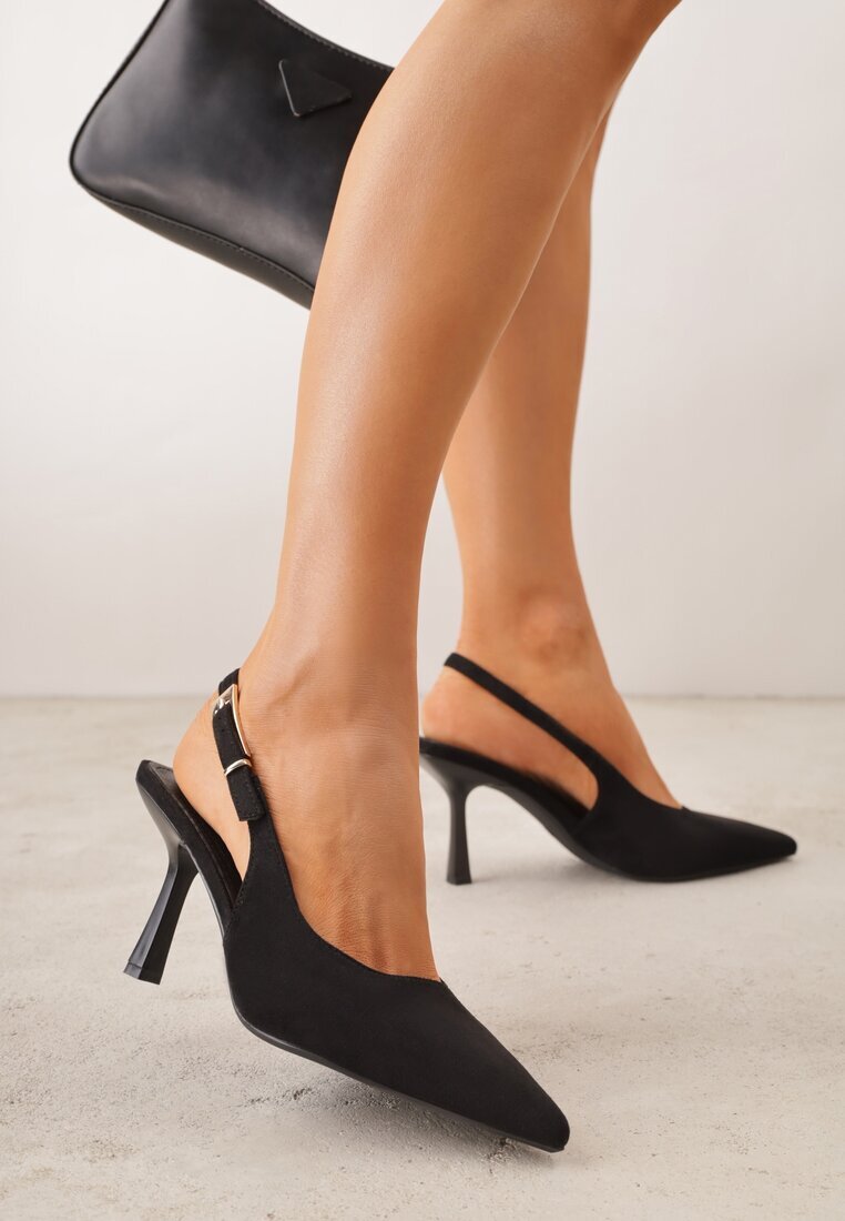 vices Pantofi stiletto Negre Slingback din Imitație de piele întoarsă cu Cataramă Dreptunghiulară Natuma