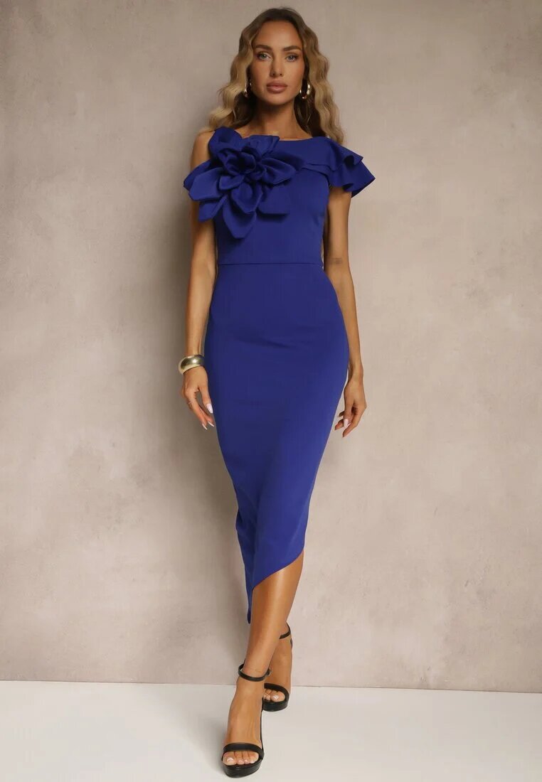 vices Rochie Albastră Asimetrică De Cocktail cu floare 3D și volane Tolelira