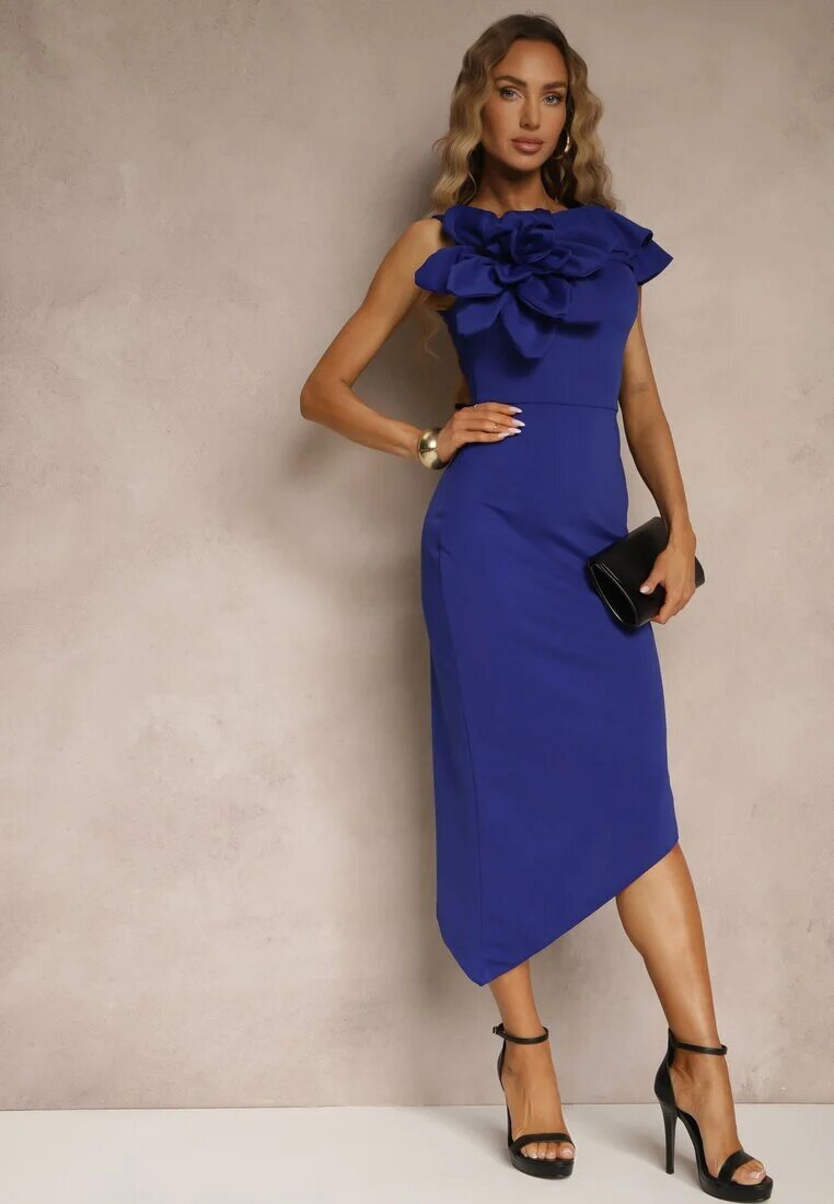 vices Rochie Albastră Asimetrică De Cocktail cu floare 3D și volane Tolelira