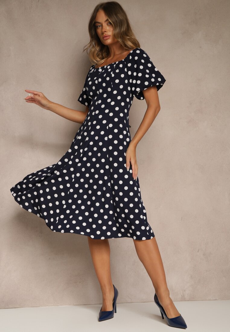 vices Rochie bleumarin stil spaniol cu buline cu croială evazată Zilua