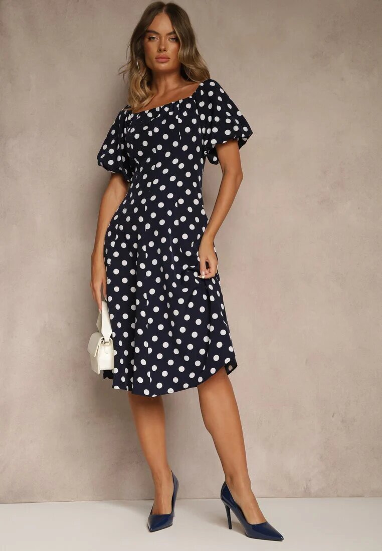 vices Rochie bleumarin stil spaniol cu buline cu croială evazată Zilua