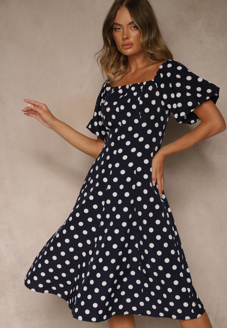 vices Rochie bleumarin stil spaniol cu buline cu croială evazată Zilua