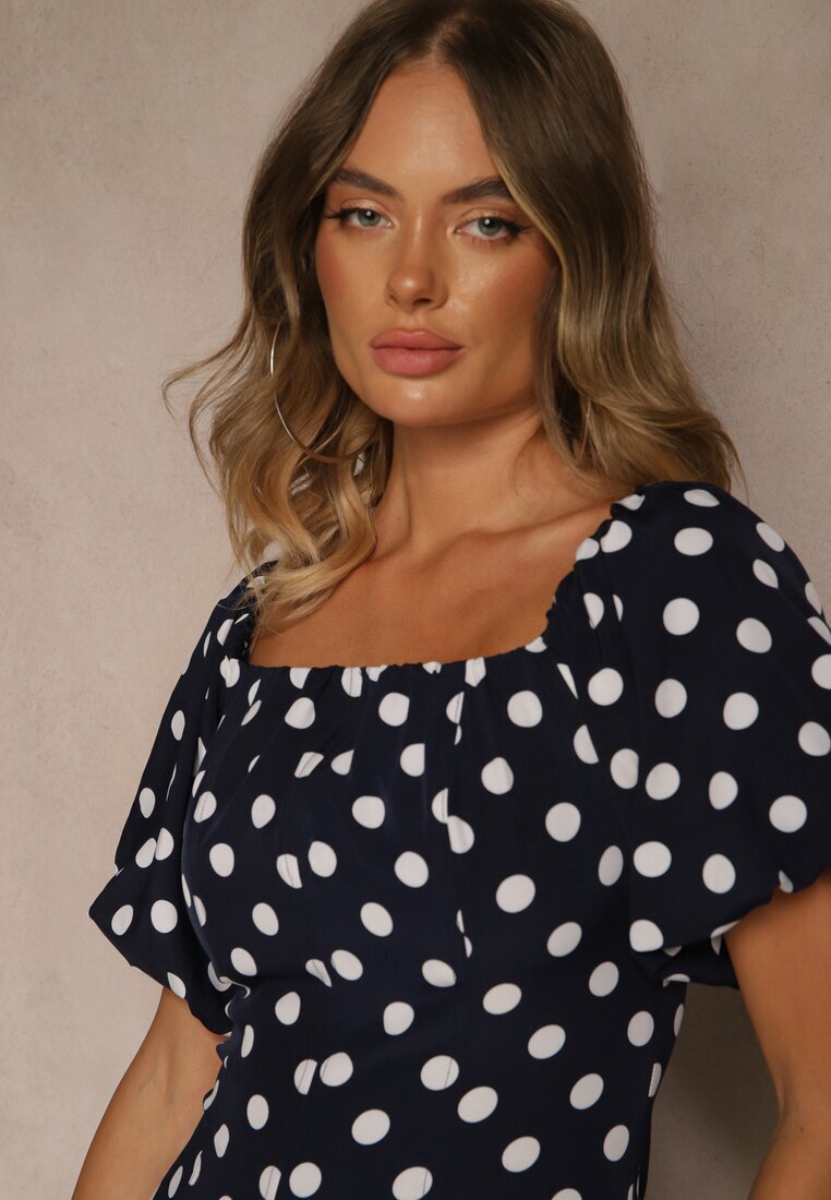 vices Rochie bleumarin stil spaniol cu buline cu croială evazată Zilua