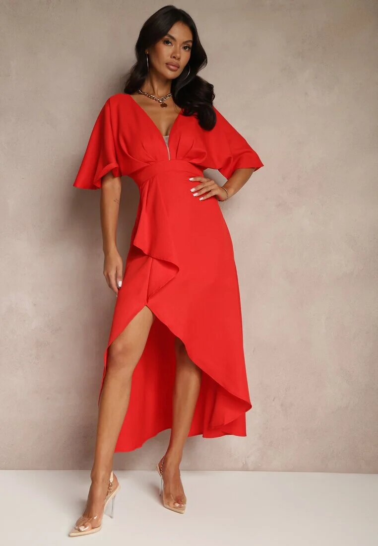 vices Rochie de cocktail Roșie Asimetrică Decorată cu Volan Nelioraia