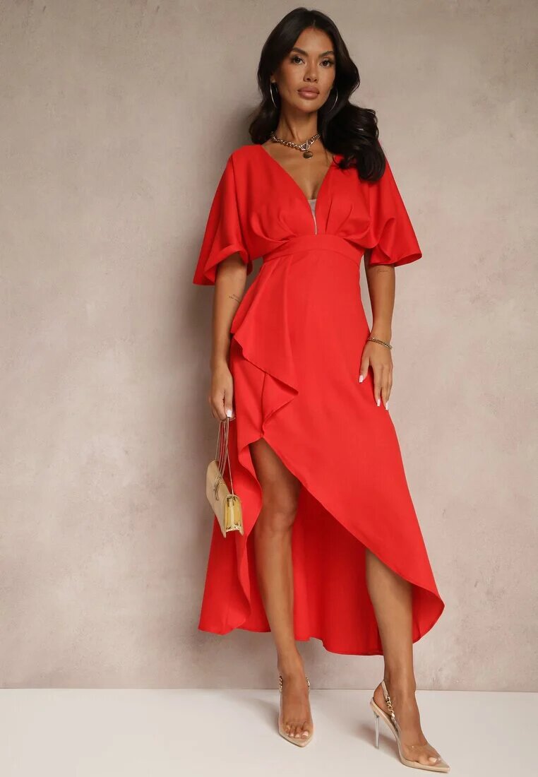 vices Rochie de cocktail Roșie Asimetrică Decorată cu Volan Nelioraia