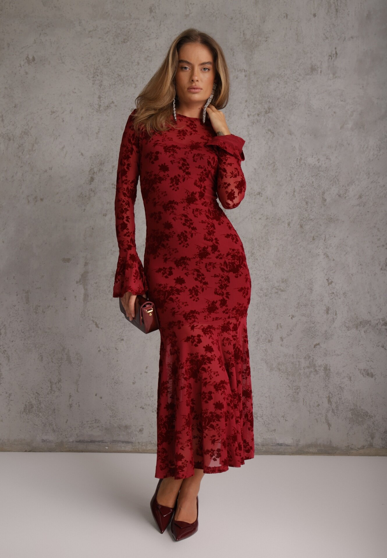 vices Rochie de seară roșie din plasă cu imprimeu floral din velur Azinene