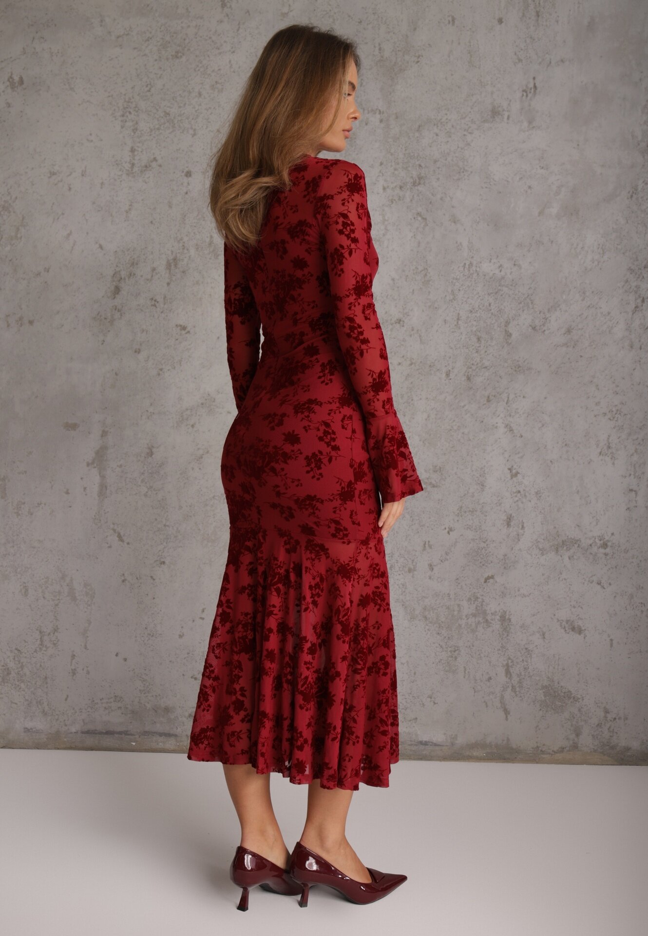 vices Rochie de seară roșie din plasă cu imprimeu floral din velur Azinene