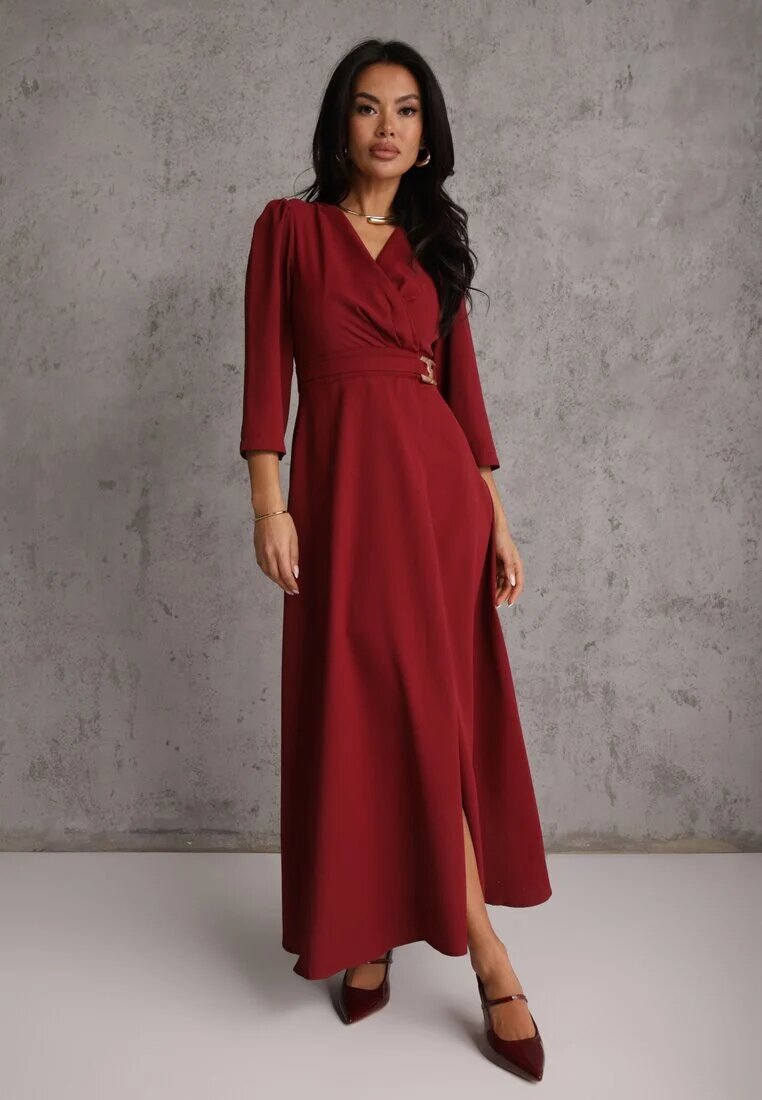 vices Rochie Elegantă Bordo cu croială petrecută Decorată cu aplicație în talie Zilendra