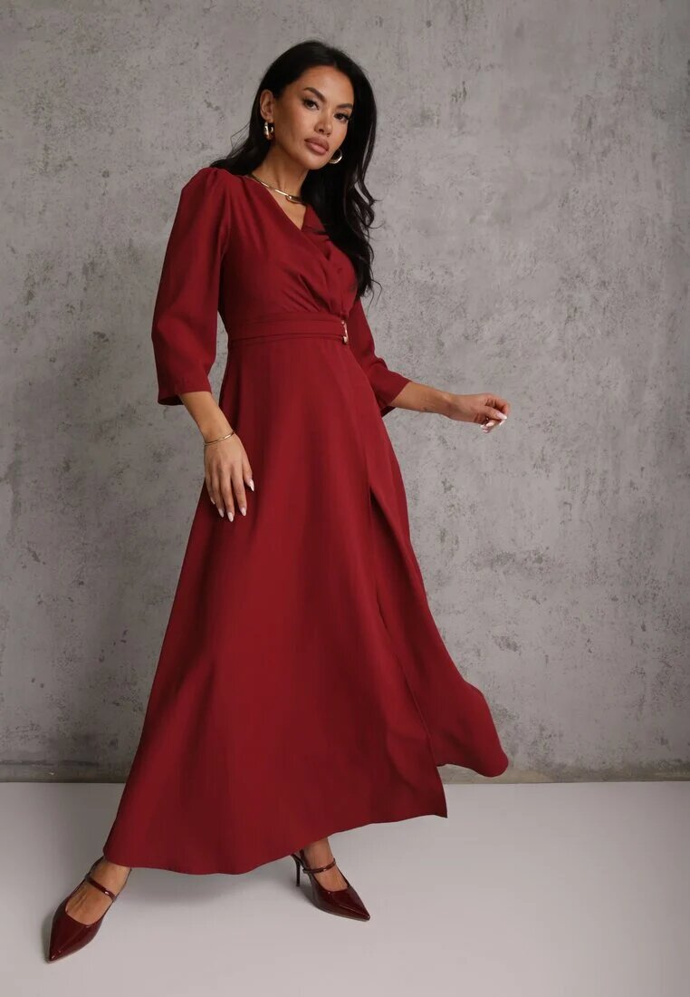 vices Rochie Elegantă Bordo cu croială petrecută Decorată cu aplicație în talie Zilendra