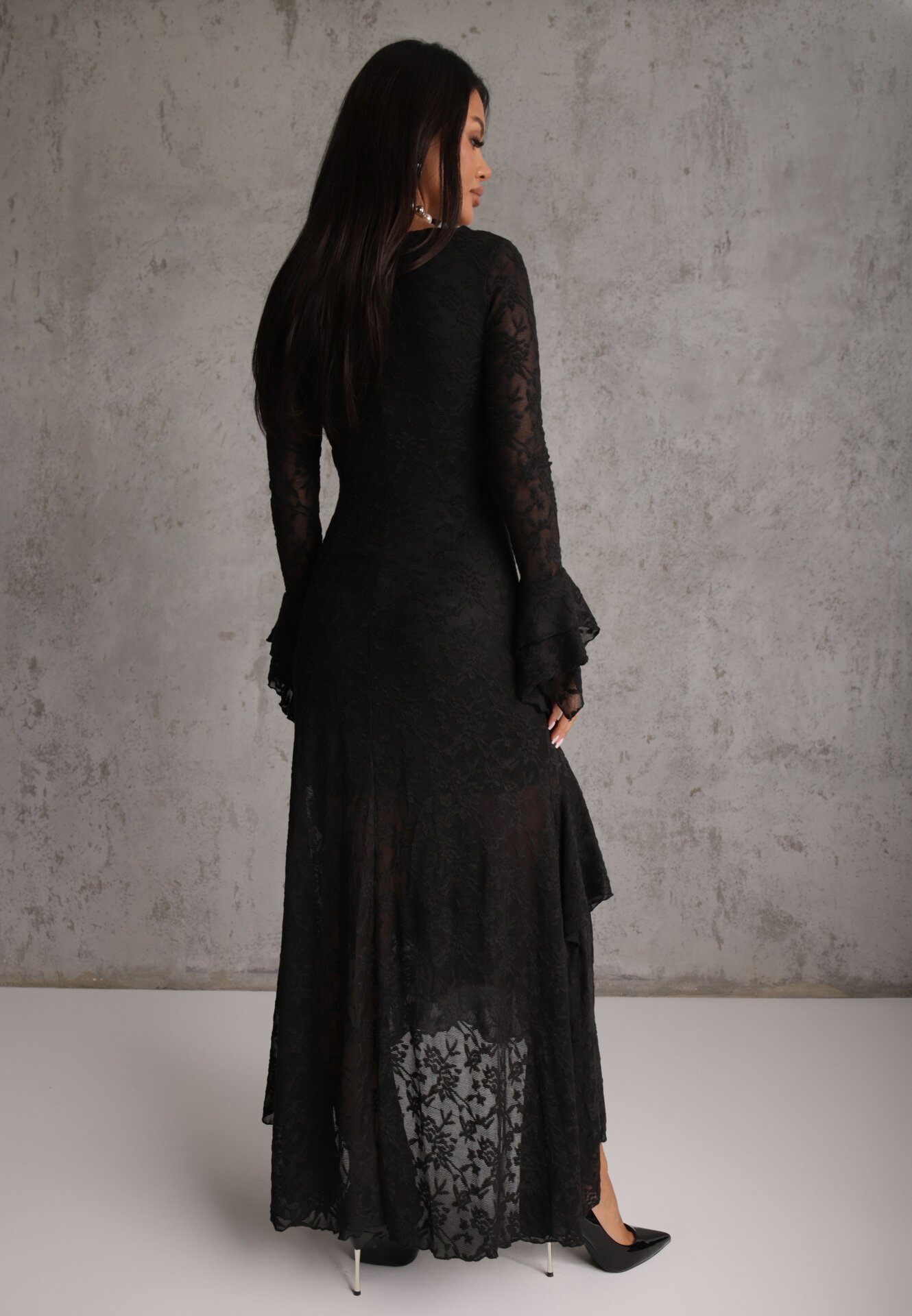 vices Rochie elegantă din dantelă decorată cu volane asimetrice Unassemia Neagră
