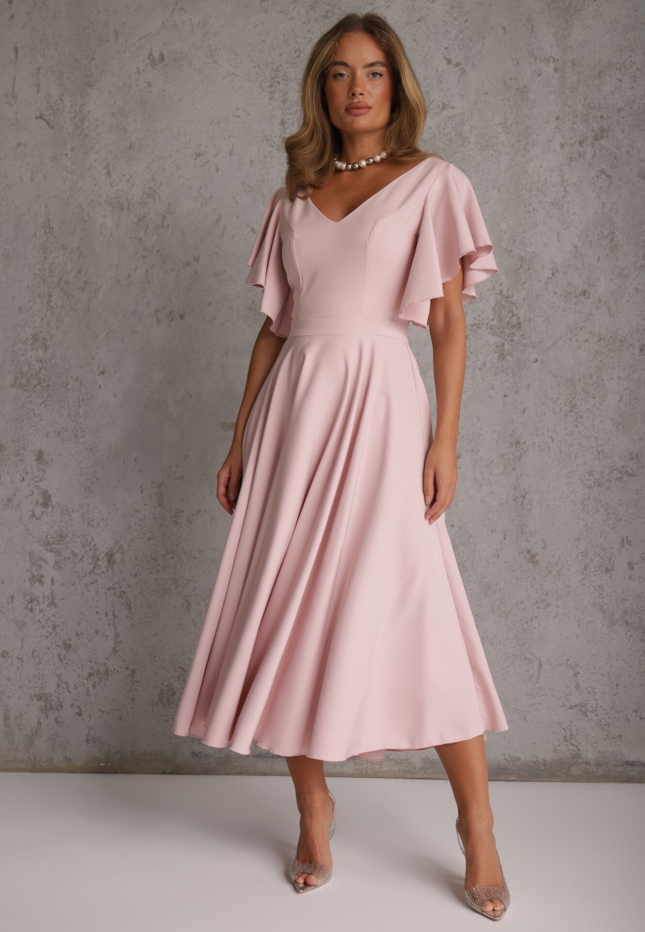 vices Rochie elegantă evazată decorată cu volane pe umeri Nessaza Roz