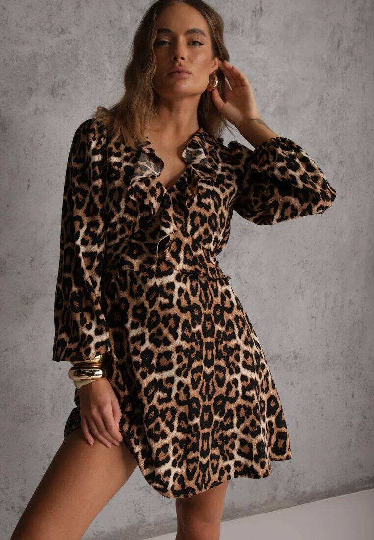 vices Rochie imprimeu leopard cu croială cloș și volane la decolteu Resarina