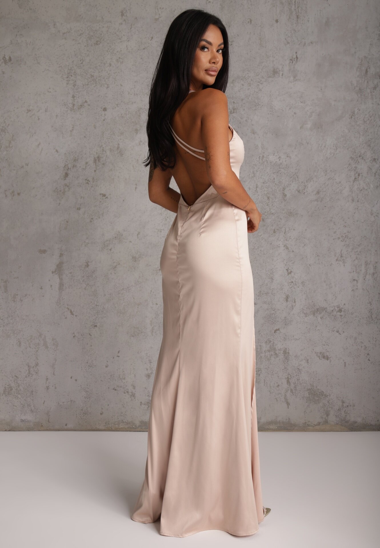 vices Rochie Maxi Bej din Satin cu Bretele Subțiri Annila