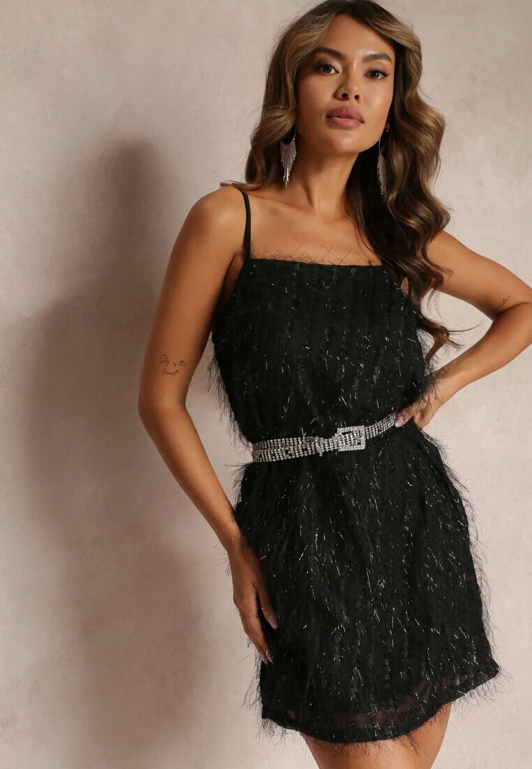 vices Rochie Mini Cocktail Neagră cu Pene Subțiri Clotile