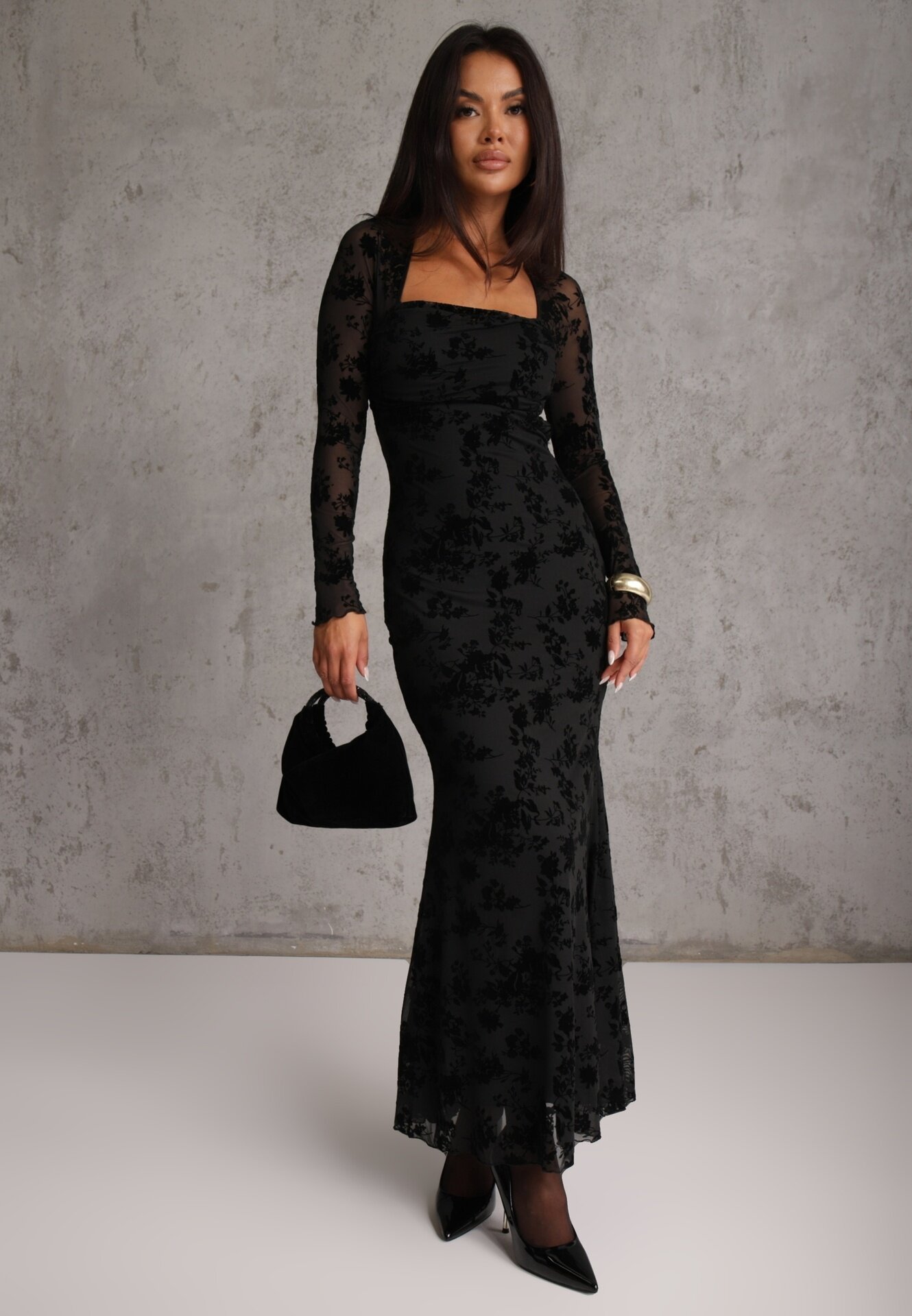 vices Rochie neagră Bodycon din plasă cu model floral Rivita