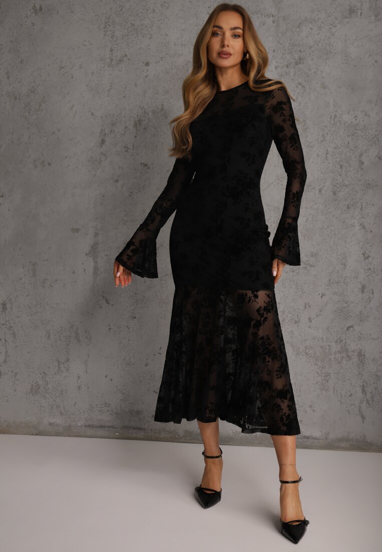 vices Rochie Neagră De Cocktail din Plasă cu Model de Catifea Fyreleva