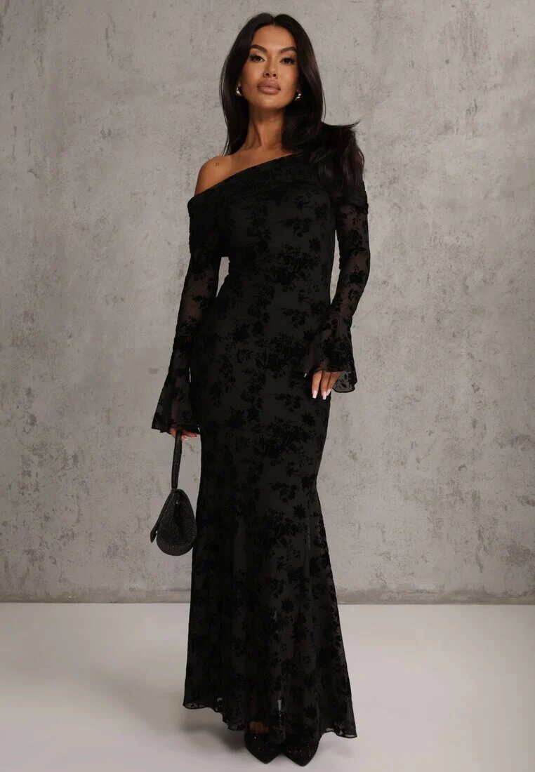 vices Rochie Neagră Elegantă Off Shoulder cu Model Floral din Velur Adrakharei