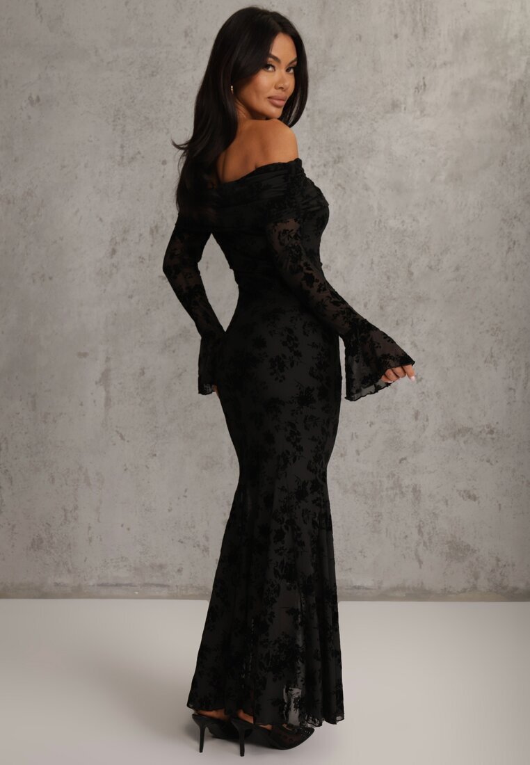 vices Rochie Neagră Elegantă Off Shoulder cu Model Floral din Velur Adrakharei