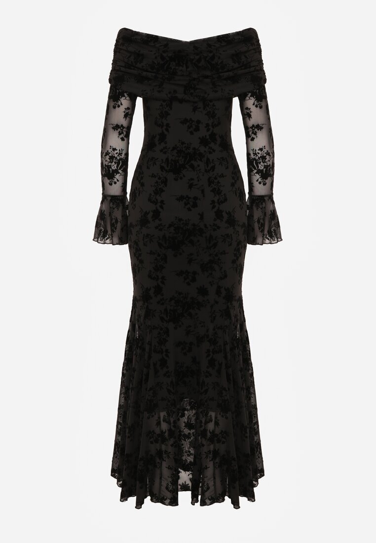 vices Rochie Neagră Elegantă Off Shoulder cu Model Floral din Velur Adrakharei