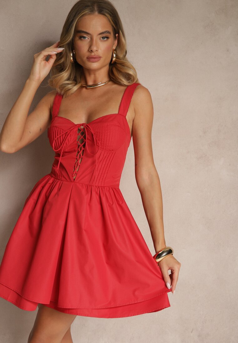 vices Rochie Roșie Rustică din Bumbac Decorată cu Legătură Fenirelle
