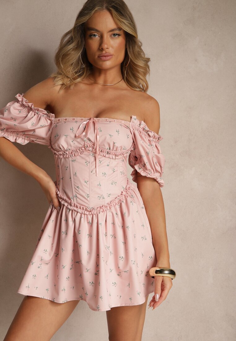 vices Rochie Roz Decorată cu legătură volane și mâneci bufante cu flori Tolilea