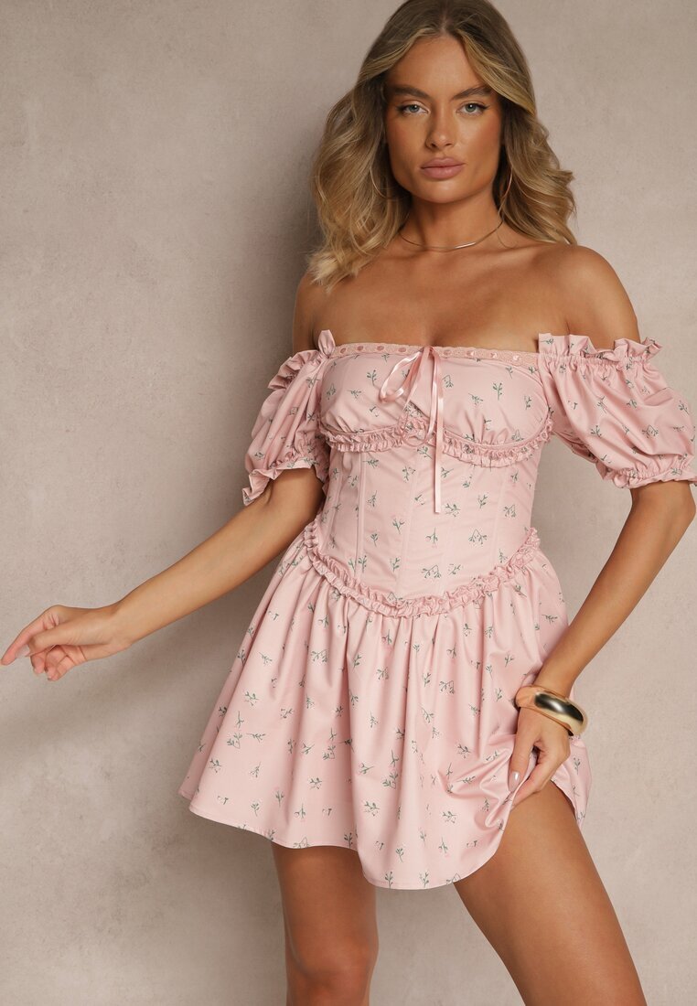 vices Rochie Roz Decorată cu legătură volane și mâneci bufante cu flori Tolilea