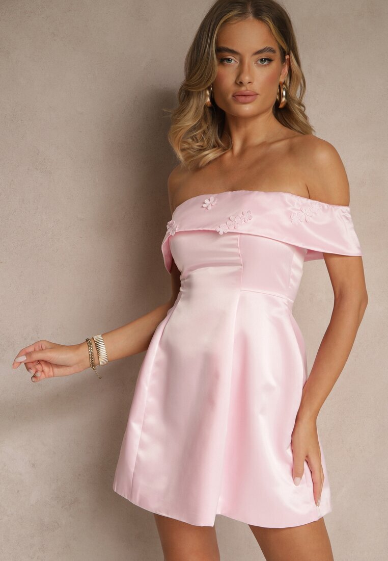 vices Rochie Roz Spaniolă din Satin Decorată cu Aplicații Fenilune