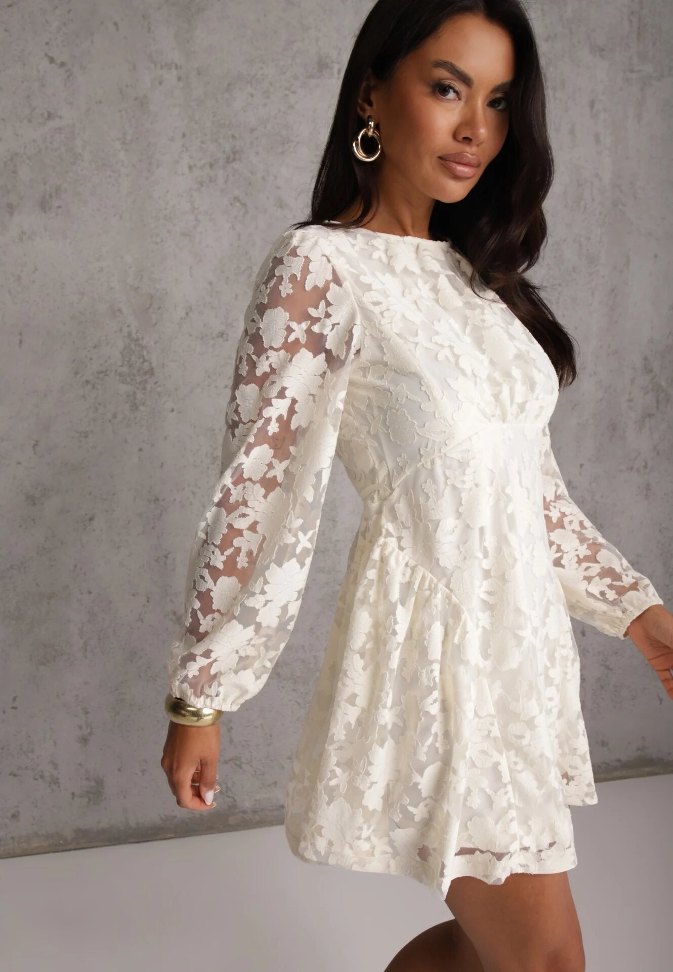 vices Rochie transparentă cu flori croi evazat Delamna Bej