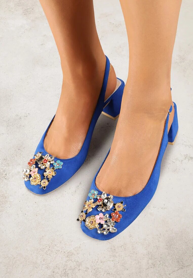 vices Sandale Albastre cu toc gros Slingback cu branț din piele și cu zirconii Nimirune