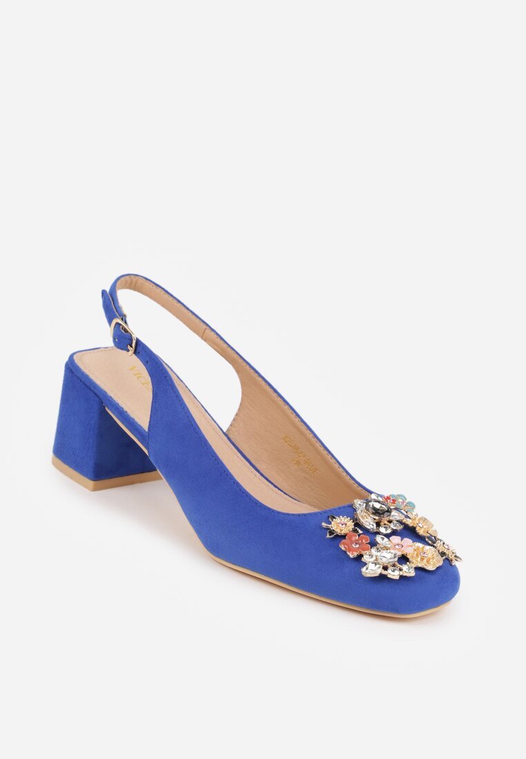 vices Sandale Albastre cu toc gros Slingback cu branț din piele și cu zirconii Nimirune