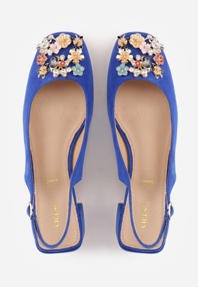 vices Sandale Albastre cu toc gros Slingback cu branț din piele și cu zirconii Nimirune