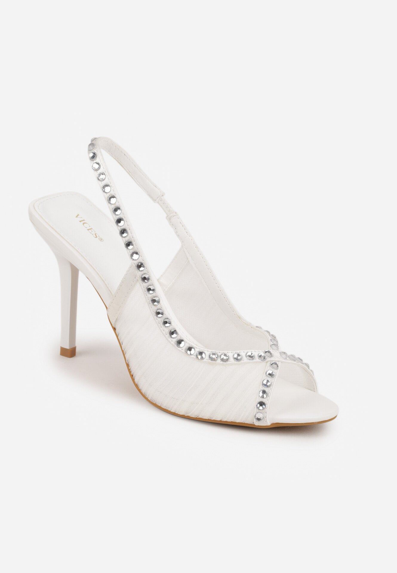 vices Sandale Albe Slingback din Plasă cu Toc Stiletto Decorate cu Zirconii Aethipe