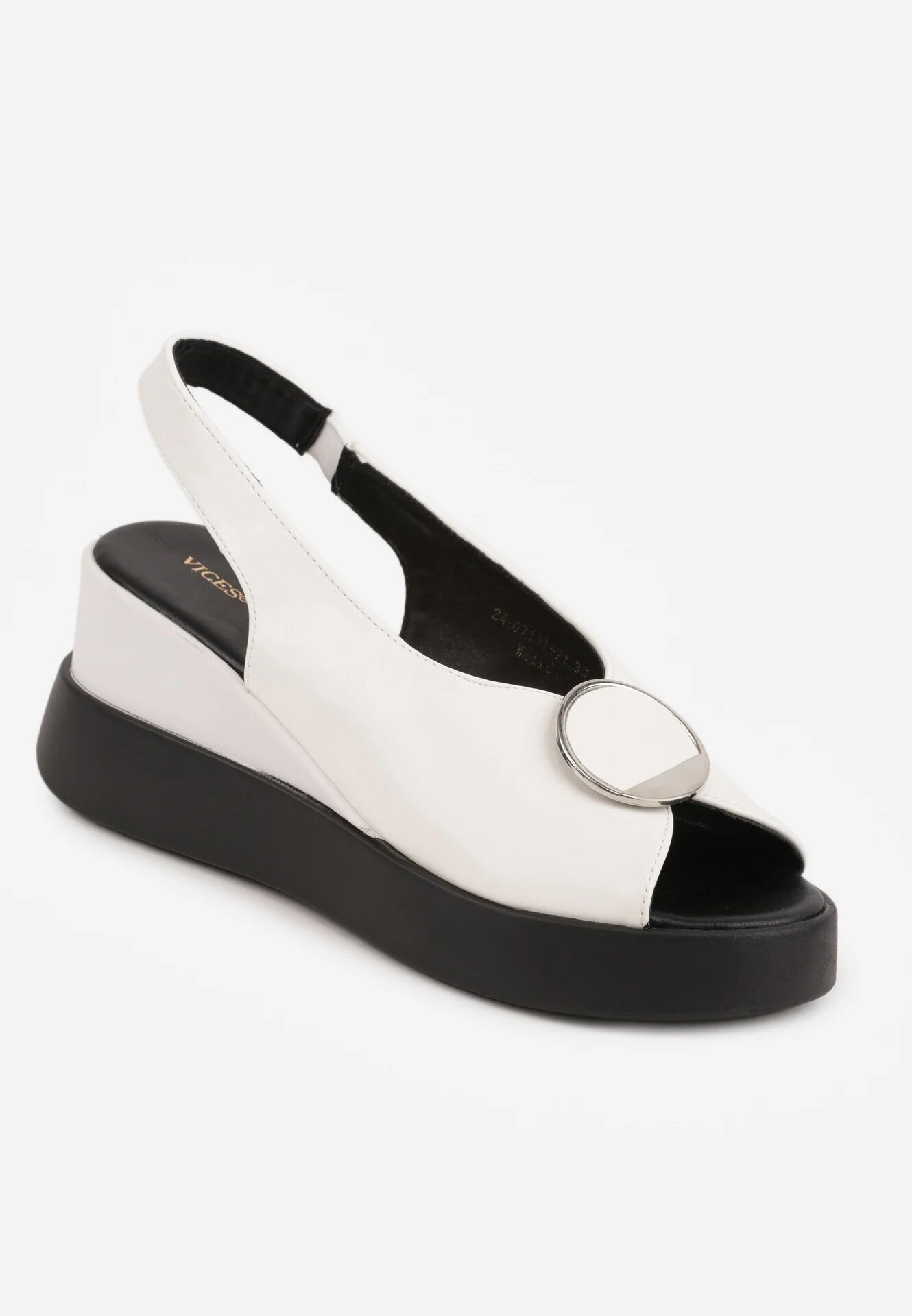 vices Sandale Albe Slip-on din Piele Naturală cu Talpă Pană și Aplicație Metalică Risspa