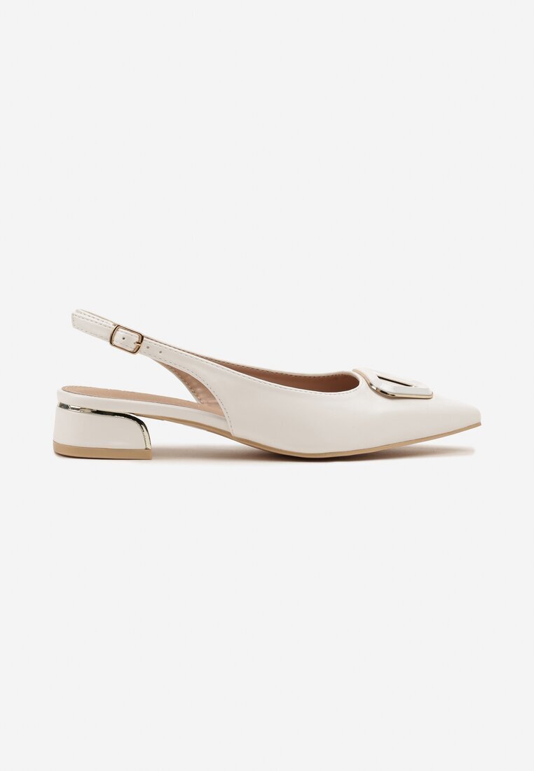 vices Sandale Albe Tip Slingback cu Toc Mic cu Branț din Piele cu Decorațiune Geometrică Lilienia