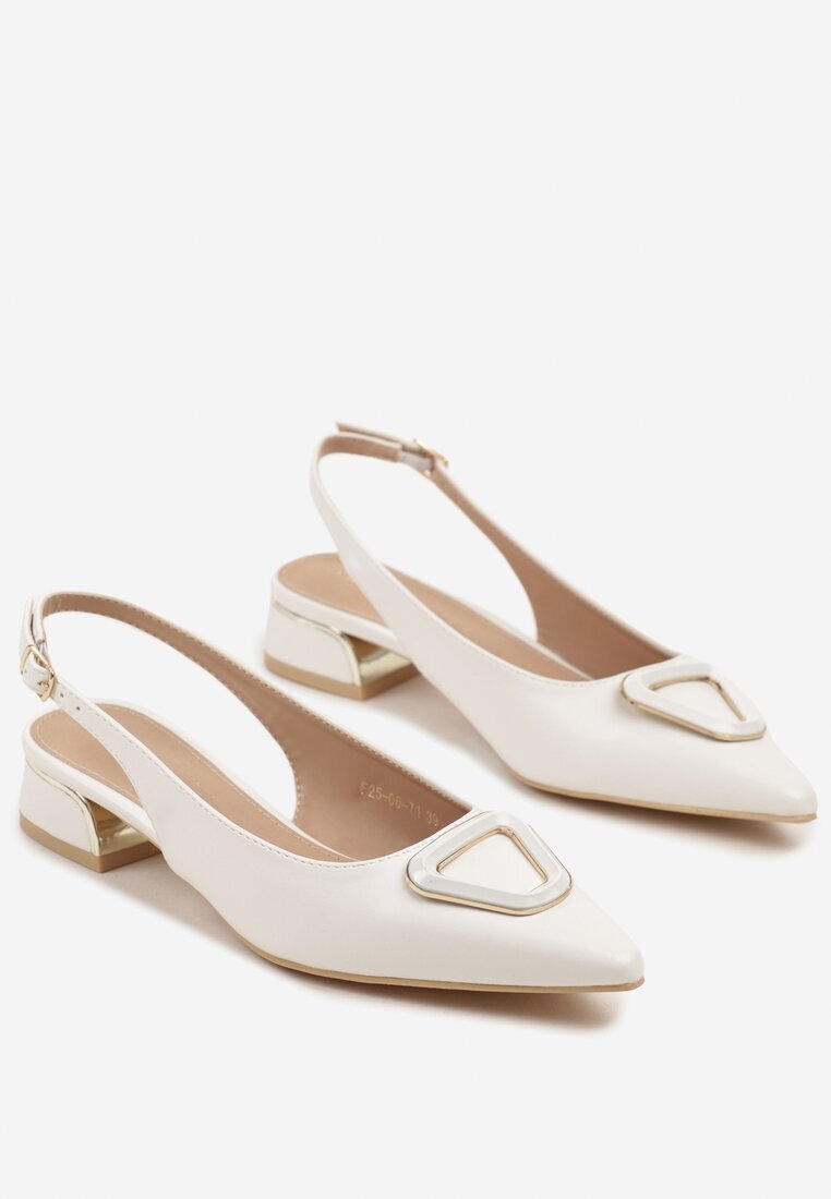 vices Sandale Albe Tip Slingback cu Toc Mic cu Branț din Piele cu Decorațiune Geometrică Lilienia