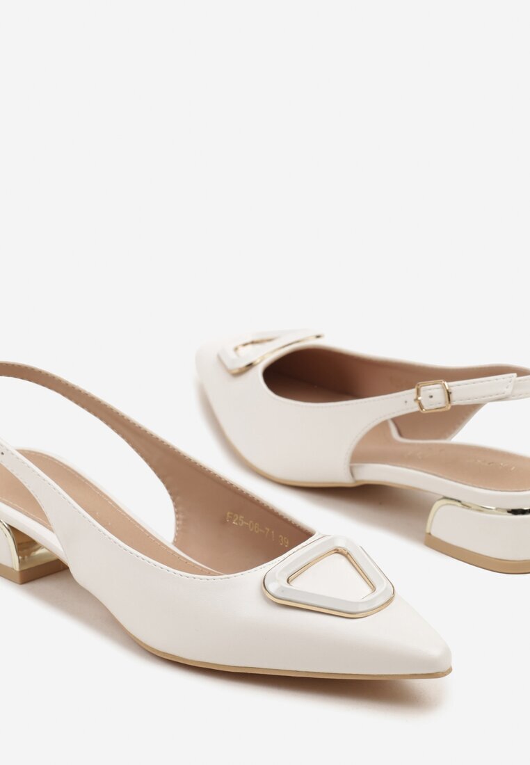 vices Sandale Albe Tip Slingback cu Toc Mic cu Branț din Piele cu Decorațiune Geometrică Lilienia